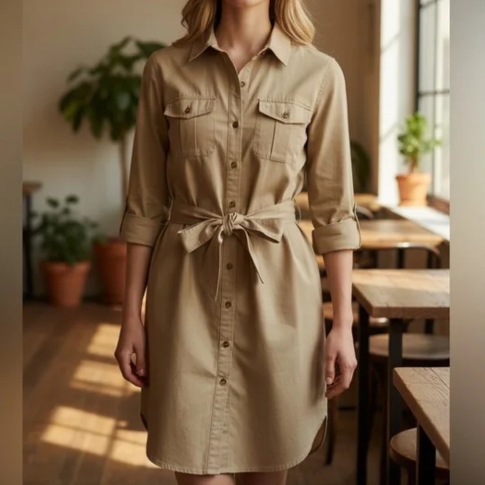 Lauren Ralph Lauren 100% Cotton Long Sleeve Utility Dress Size XS Tan Beige